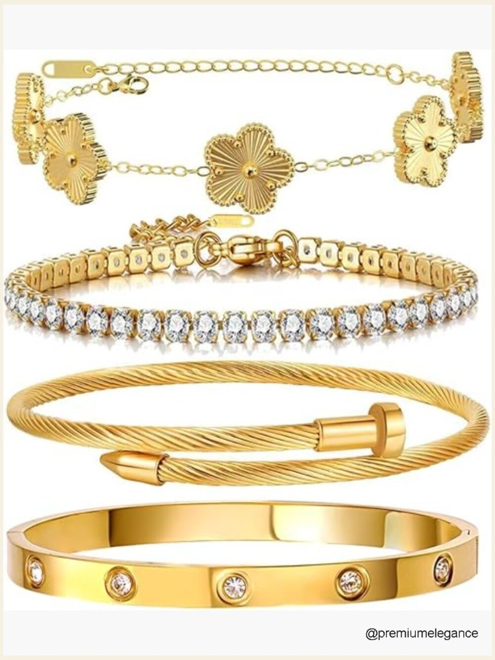 Stackable Gold Bangle Bracelet Set Non Tarnish Cubic Zirconia Stainless Steel